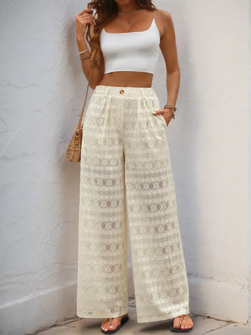 Lace See Through Wide Leg Pants
